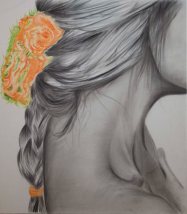 "Piel y flor" "Cuadro realizado en carboncillo. Dibujo de hombro de mujer con flos a color. Realizado por Cuchiart by Mar Botonero"