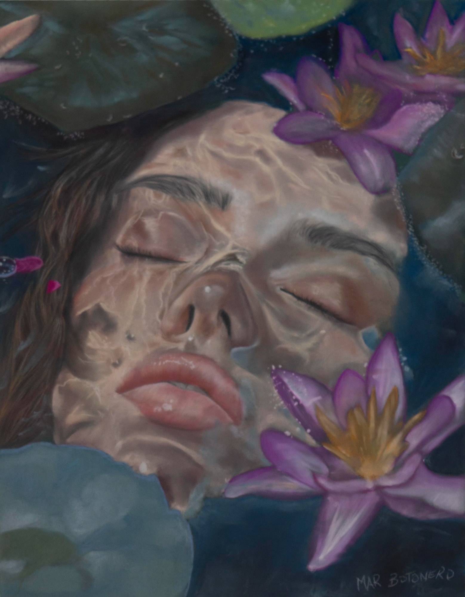 "Sueño Onírico" "Cuadro realizado en pastel seco. cara de mujer sumergida en el agua, rodeada de nenúfares. Realizado por Cuchiart by Mar Botonero"