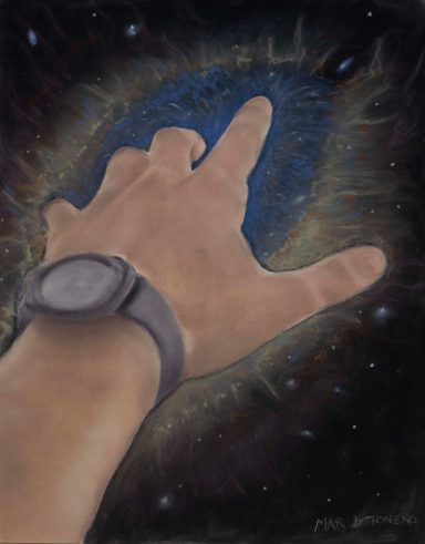 "El Universo en tu mano" "Cuadro realizado en pastel seco. Dibujo de una mano tocando el universo. Realizado por Cuchiart by Mar Botonero"