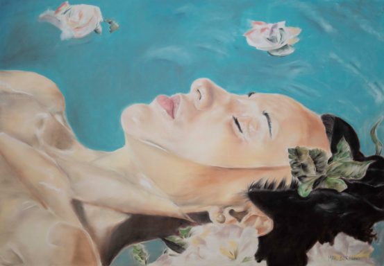 "Sólo yo" "Cuadro realizado en pastel seco. Dibujo de la cara de una mujer flotando en el agua. Realizado por Cuchiart by Mar Botonero"