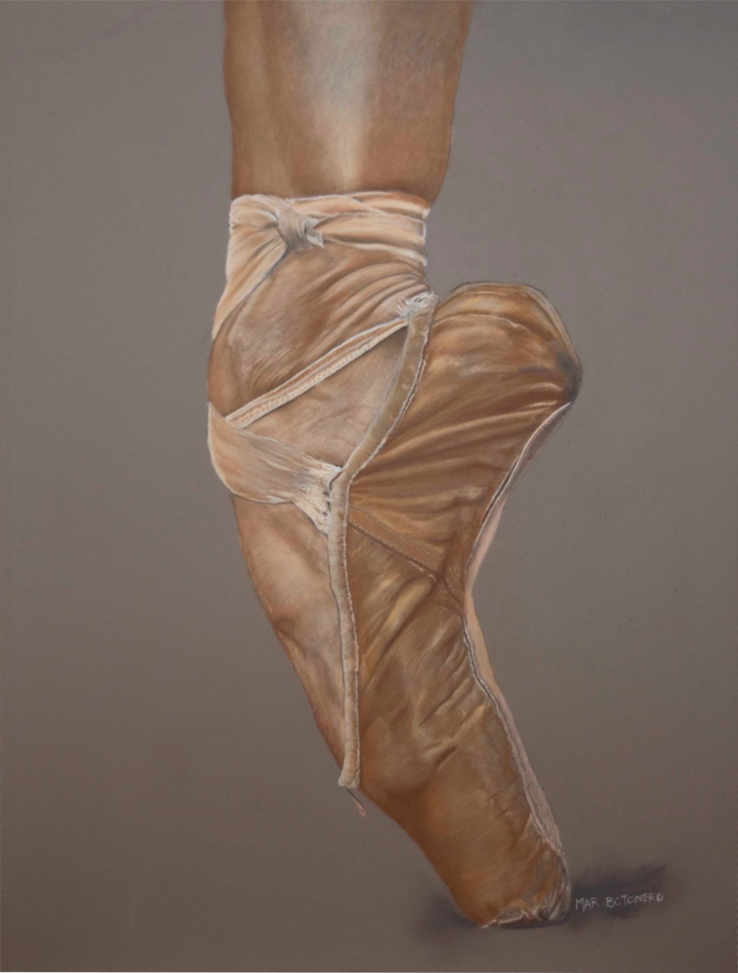 "Tensión y raso" "Cuadro realizado en pastel seco. Dibujo de una zapatilla de ballet en punta. Realizado por Cuchiart by Mar Botonero"