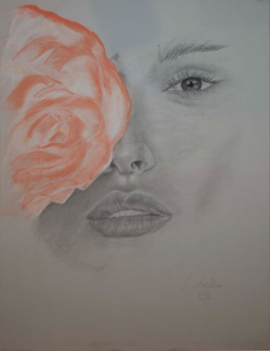 "Aire flamenco" "Cuadro realizado a carboncillo y pastel seco. Dibujo de una cara con una flor en media cara. Realizado por Cuchiart by Mar Botonero"